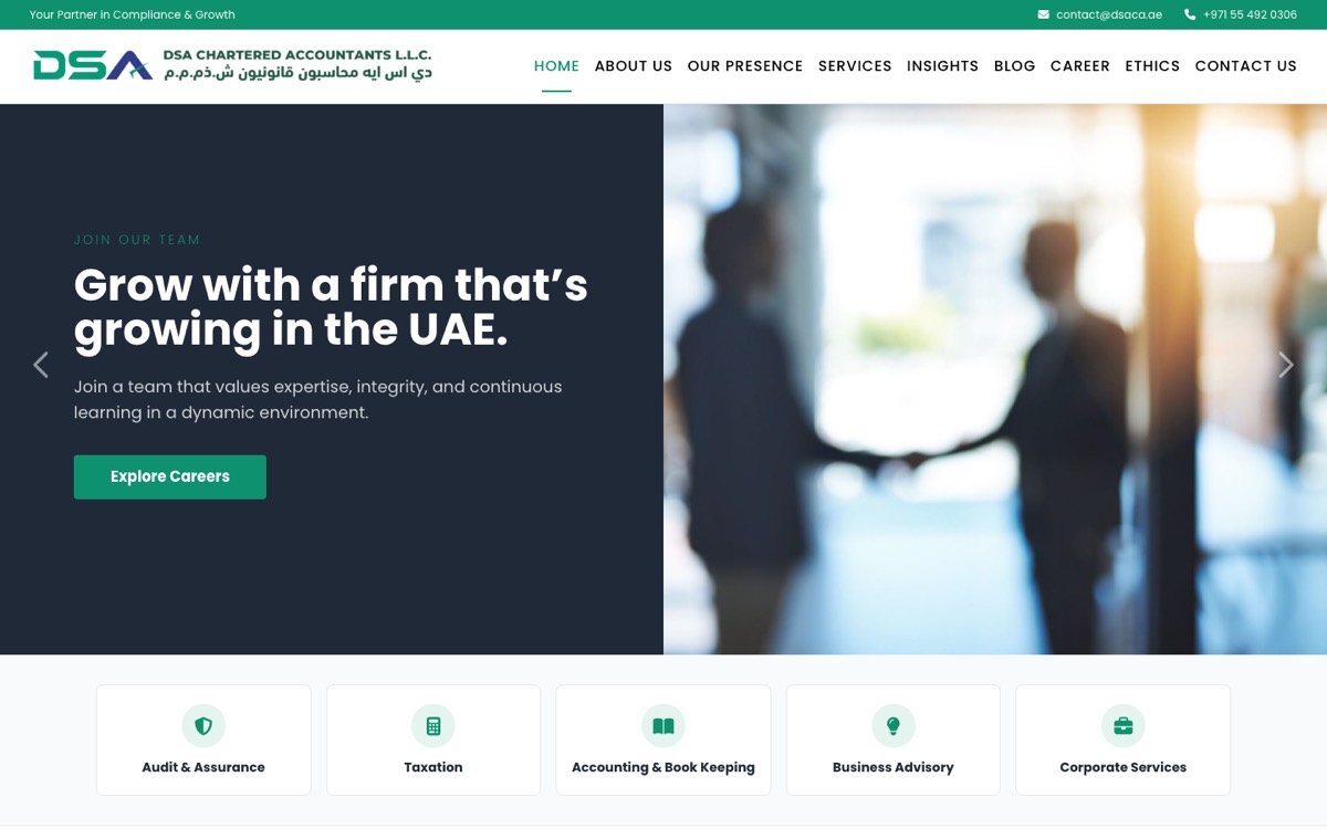 DSA Chartered Accountants website home page with audit, taxation and advisory services